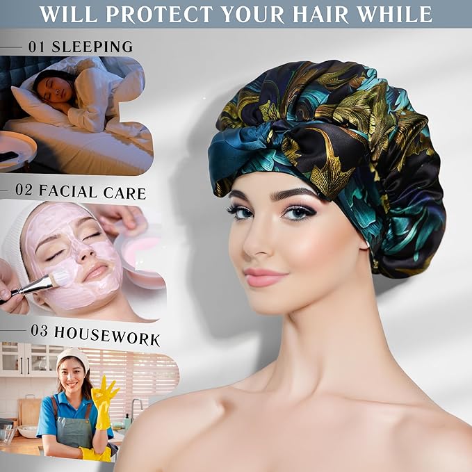 100% Mulberry Silk Bonnet for Sleeping Women, Handmade in USA 19 Momme Double Layer Reversible Silk Hair Wrap with Adjustable Ties, Non-Slip Sleep Cap for Curly & Natural Hair
