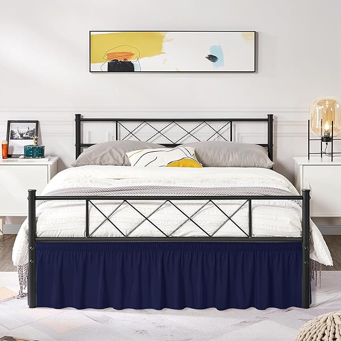Biscaynebay Wrap Around Bed Skirts with Split Corners for Full Beds 17" Drop, Navy Elastic Dust Ruffles Easy Fit Wrinkle & Fade Resistant Silky Luxurious Fabric Solid Machine Washable