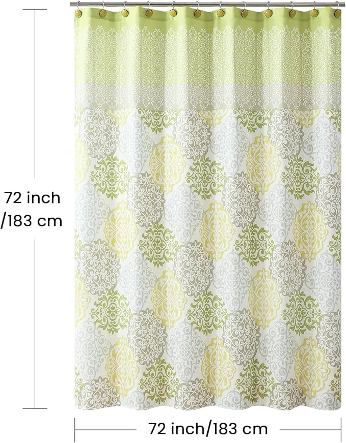 Fabric Shower Curtain, Green Yellow Grey Boho Medallion Print Shower Curtains for Bathroom, 72" W x 72" H