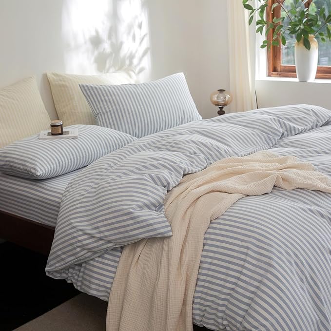 FOSSA Striped Duvet Cover Set 100% Washed Cotton Linen Feel Super Soft Breathable Cozy 3 Pieces Bedding Sets Cornflower Blue White Classic Stripes King