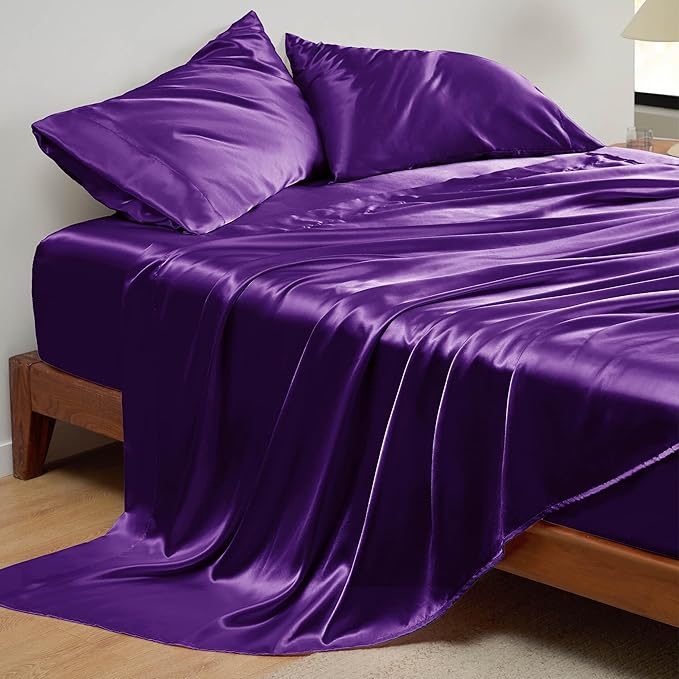Bedsure Satin Sheets Full Size - 4 Piece Silky Bedsheets with 15 Inches Deep Pocket Fitted Bedsheet,1 Flat Sheet, 2 Satin Pillowcases, Good for Hair & Skin (Full, Purple)