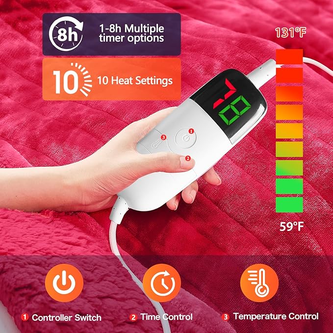 greenoak Heated Electric Blanket Throw, Faux Fur Sherpa Heating Blanket for Sofa Bed, Warm Winter Gifts for Mom/Grandma, Heater Lap Blankets 5-Position Timer &10 Heating Levels 50''*60" Red