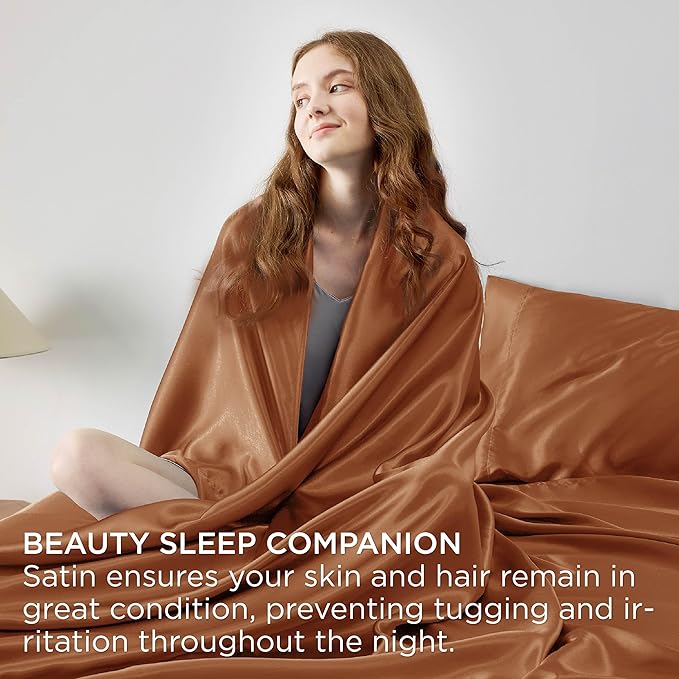 Bedsure Satin Sheets Full Size - 4 Piece Silky Bedsheets with 15 Inches Deep Pocket Fitted Bedsheet,1 Flat Sheet, 2 Satin Pillowcases, Good for Hair & Skin (Full, Burnt Orange)