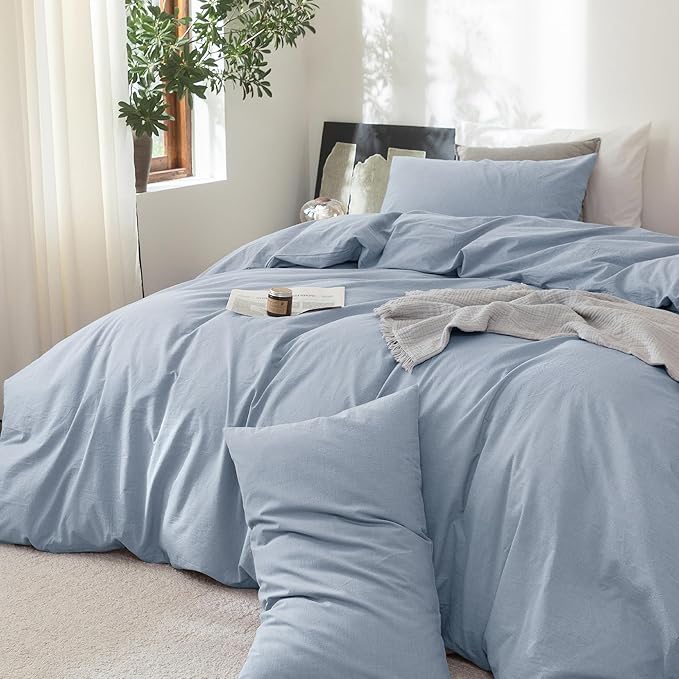 FOSSA Duvet Cover Set 100% Washed Cotton Linen Feel Super Soft Breathable Cozy 3 Pieces Bedding Sets Solid Cornflower Blue Oversized King Plus