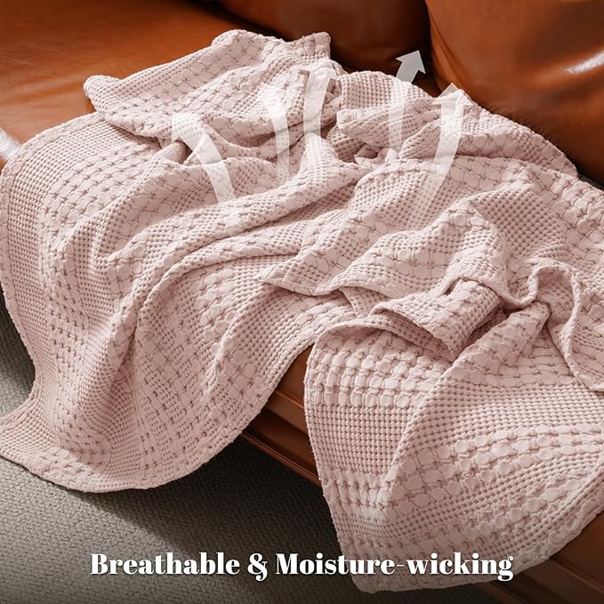 PHF 100% Cotton Waffle Weave Throw Blanket, Soft Lightweight Breathable Cozy Throws for Couch Bed Sofa, Luxury Aesthetic Woven Blanket for Home Decor & Office, 50"x60", Pink/Mauve