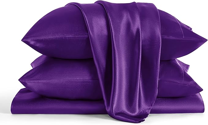 Bedsure Satin Sheets Full Size - 4 Piece Silky Bedsheets with 15 Inches Deep Pocket Fitted Bedsheet,1 Flat Sheet, 2 Satin Pillowcases, Good for Hair & Skin (Full, Purple)