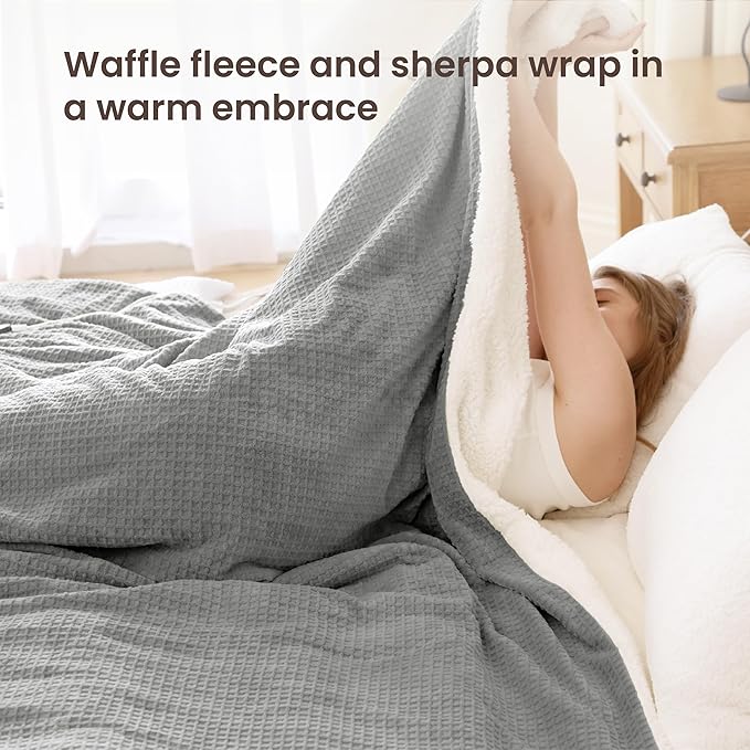 Heated Blanket Electric Blanket King Waffle,90x100 Inches Sherpa Fleece Fast Heating Blanket 6 Heating Levels & 10 Hours Auto Off ETL Certification, Grey King