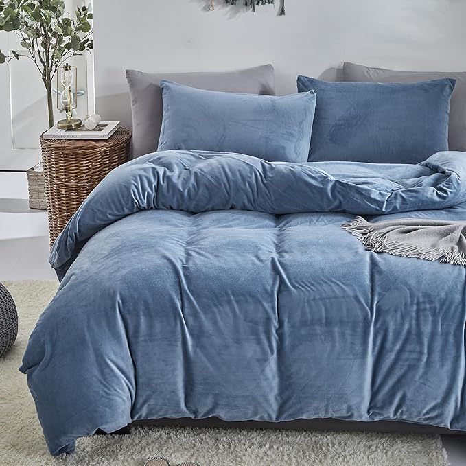 Cottonight Blue Velvet Comforter Set Queen Blue Flannel Bedding Set Queen Size Winter Blanket Quilts Modern Heavyweight Warm 3 Piece Velvet Comforter Set
