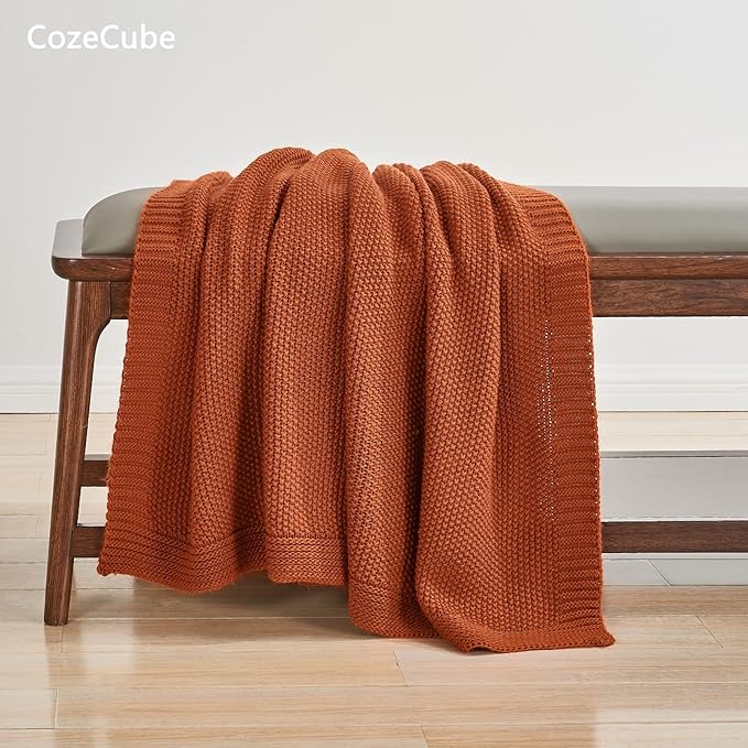 CozeCube Orange Throw Blanket for Couch, Soft Cozy Cable Knit Throw for Bed Sofa Living Room, Lightweight Warm Decorative Farmhouse Christmas Blanket, 50"x60", Burnt Orange