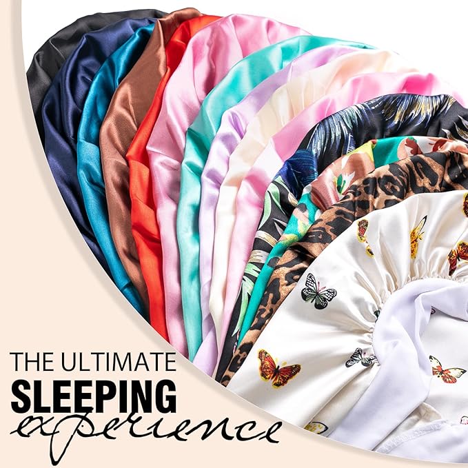 2Pcs Bonnets for Black Women Braid Bonnet, Large Long Satin Bonnet for Braids, Silk Bonnet with Stretchy Tie Band Sleep Cap Hair (2Pcs-Black&Printing Flower)