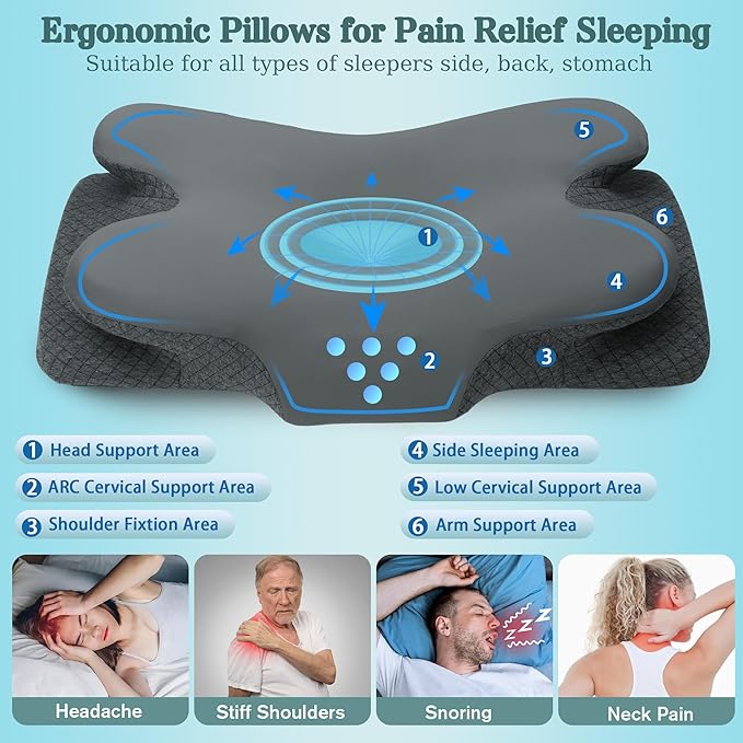Cervical Neck Pillow for Sleeping,Memory Foam Pillows for Neck Pain Relief,Ergonomic Neck Support Contour Pillow for Side Back Stomach Sleepers,Orthopedic Breathable Pillowcase(Dark Grey)