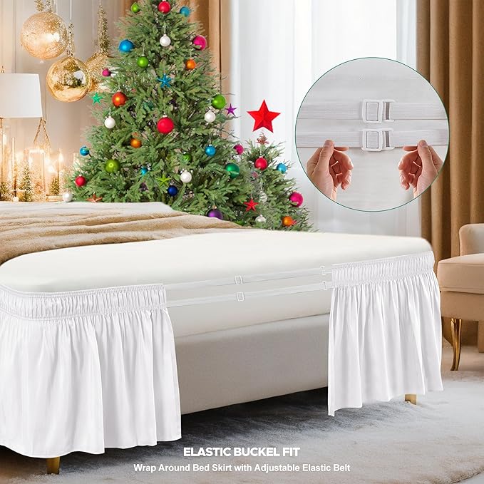 Biscaynebay Wrap Around Bed Skirts for Twin & Twin XL Beds Extra Short Drop of 9", White Elastic Dust Ruffles Easy Fit Wrinkle & Fade Resistant Silky Luxurious Fabric Solid Machine Washable