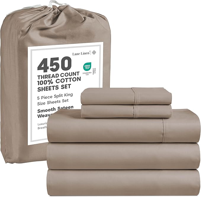 LANE LINEN Split King Sheet Set – 450 Thread Count 100% Cotton Cooling Sheets, Soft Breathable Sateen Weave, 15” Deep Pocket Fully Elasticized Fitted Sheet, Luxury Bedding Sheets & Pillowcases, Taupe