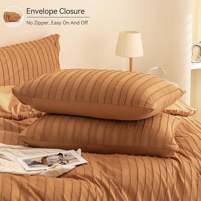 JELLYMONI Duvet Cover Twin Size Rust - 3PCS Boho Striped Duvet Cover Set Polyester Tufted Bohemian Textured Comforter Cover 68×90in with Corner Ties & Zipper and 2 Pillowcases