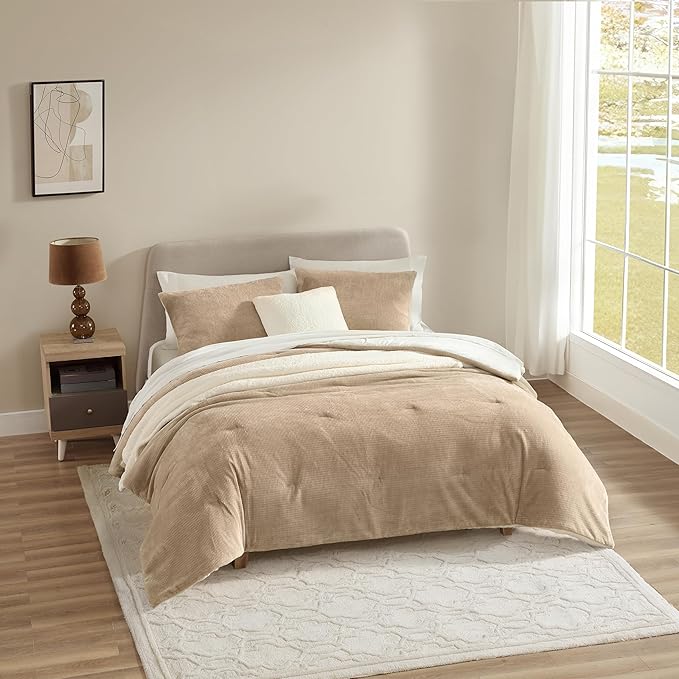 UGG Comforter Set 5 Piece Bed in a Bag with Throw Blanket, Decorative Pillow, Shams, and Reversible Comforter Hypoallergenic Washable Luxury Warm Fluffy Bedding Set, Ivory, King Size (Remina)