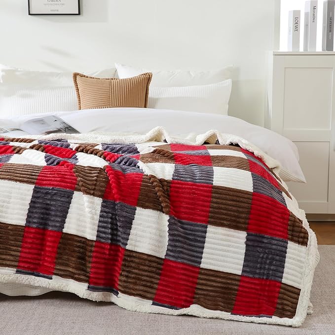 PU MEI Sherpa Blanket Twin Plaid Thick Bed Blanket, 60”*80” Super Soft Flannel Fuzzy Fleece Reversible Velvet Plush Warm Blanket for Couch (Gray Red Check)
