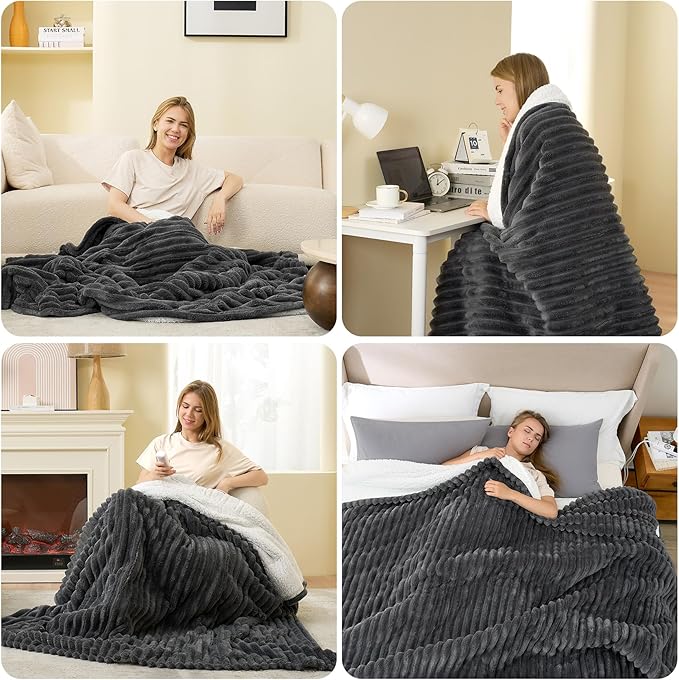 Hansleep Heated Blanket Queen Size Electric Throw Dual Control, Heating Blanket with 9 Heating Levels and 10-Hour Timer Auto Shut Off, Washable Soft Warm Winter Blanket, 80 x 90 Inches, Dark Grey