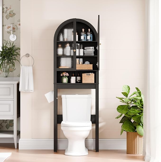 Over The Toilet Storage Cabinet, 23.7”W Modern Storage Cabinet Over Toilet with Rattan Doors, Arched Freestanding Over Toilet Rack with Adjustable Shelf for Bathroom, Dark Brown