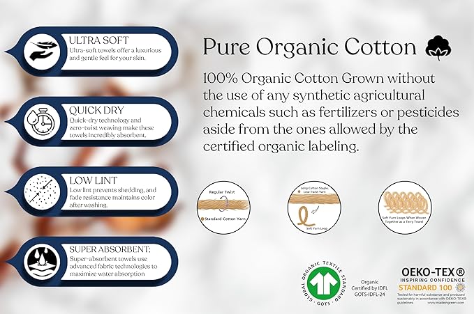 Delara 100% Organic Cotton Towels 650 GSM Plush Feather Touch Quick Dry Towel, 4-Piece Towel Set GOTS Certified, Oeko-Tex Green Certified, 1 Bath Towel, 1 Bath Sheet, 1 Hand Towel & 1 Wash Cloth