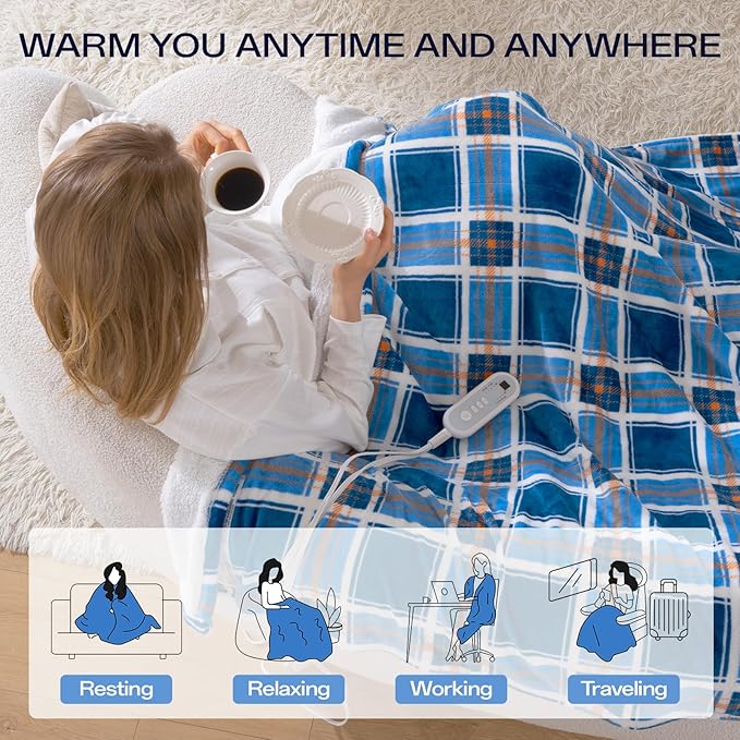 Heated Blanket Electric Throw, Heating Throw with 8 Hours Auto Off & 8 Fast Heating Levels, Blue White Plaid Checkered Sherpa Blanket Warmer for Adults, Washable Blanket Gift for Couch Bed (50x60 In)