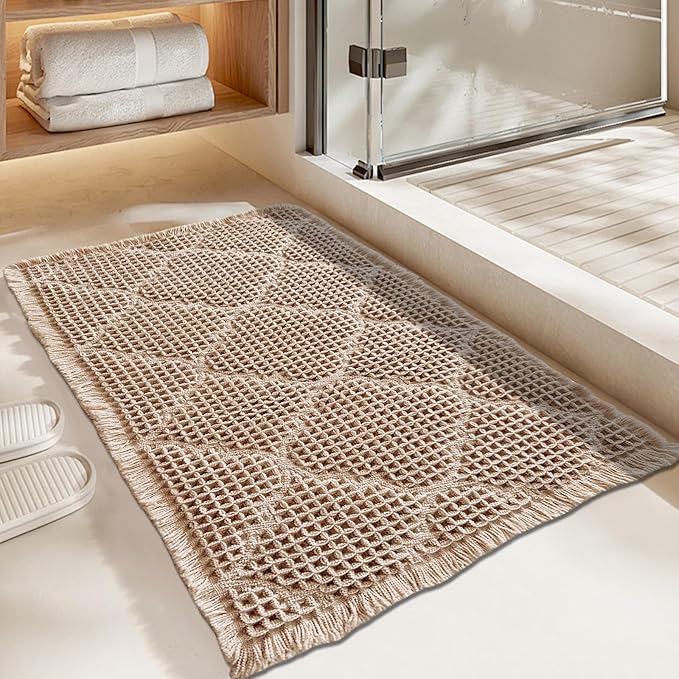 ZALL Tan Waffle Bath Mat,Super Absorbent Non Slip Bathroom Rug,Brown 18x30inch, Geometric Diamond Machine Washable Ultra Soft Floor Mats