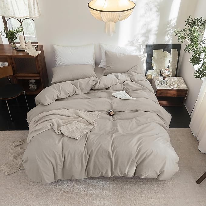 FOSSA Duvet Cover Set 100% Washed Cotton Linen Feel Super Soft Breathable Cozy 3 Pieces Bedding Sets Solid Cream Grey Oversized Queen