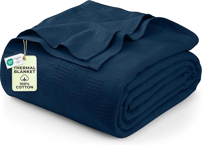 Utopia Bedding Navy 100% Cotton Blanket [King Size - 90x108 Inch] 350GSM Lightweight, Soft and Breathable Thermal Blanket for All Seasons