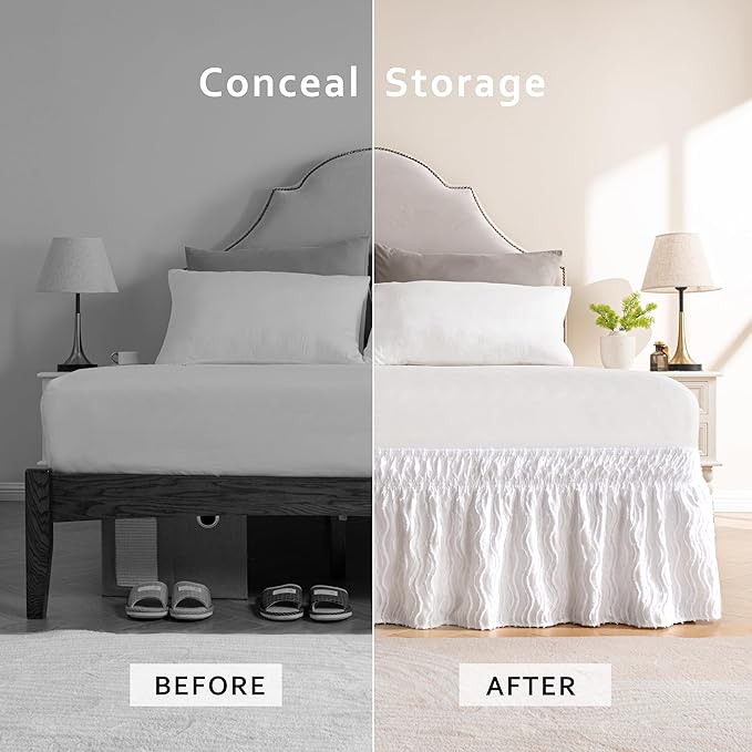 MIYE Wavy Tufted Bed Skirt - Wrap Around Dust Ruffle with Elastic Belts - 12.5 Inch Drop Easy to Put On - Bedskirt Machine Washable ＆ Wrinkle Resistant(Wavy/White, King/Queen-12.5 Drop)