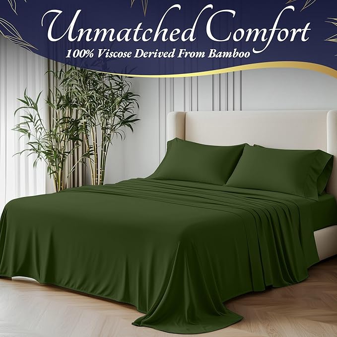 DECOLURE 100% Viscose Derived from Bamboo Sheets Full Size 4pcs - Ultra Soft & Luxuriously Cooling, 17" Deep Pocket, Double Stitching, Perfect for Hot Sleepers - Full Bed Sheets (Olive)
