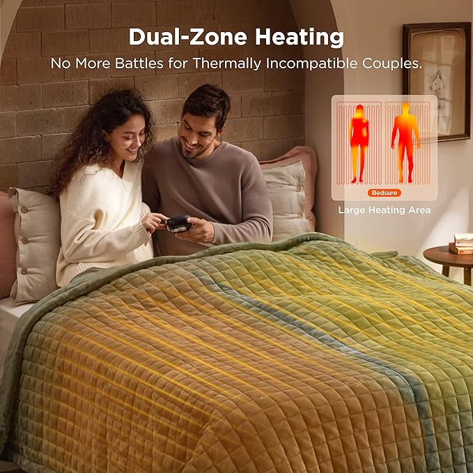 Bedsure Electric Blanket Queen Size - Dual Control Heated Weighted Blanket Queen with 10 Heat Settings, Fast Heating with 10 Time Settings (84x90 inches, Olive Green)