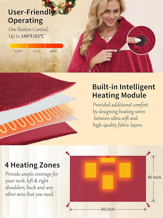 Electric Heated Blanket Battery Operated, Portable Heated Shawl for Neck and Shoulders and Back, Heating Blanket with Zipper and Pockets, 20000mAh, 3 Heating Levels, up to 8 Hours