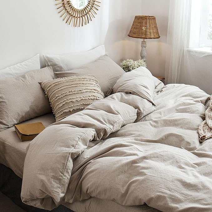 MooMee Bedding Duvet Cover Set 100% Washed Cotton Linen Like Textured Breathable Durable Soft Comfy (Heathered Tannish Linen Grey, Cal King 104"x98")