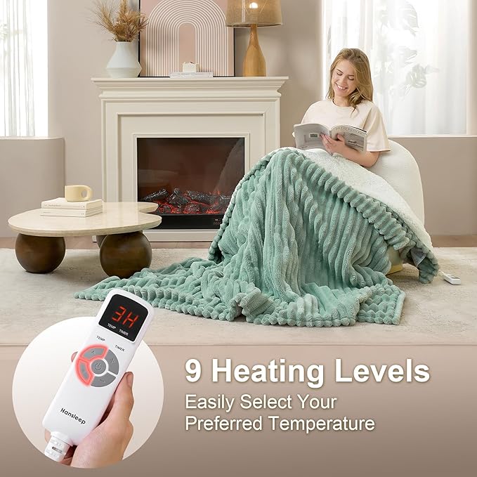 Hansleep Heated Blanket Electric Blanket Throw, Heating Blanket with 9 Heating Levels and 10-Hour Timer Auto Shut Off, Washable Soft Warm Winter Blanket, 50 x 60 Inches, Green