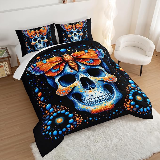Gothic Skull Comforter Set Full Size - Blue Orange Granular Ball Butterfly Printed Bedding With 2 Pillowcases - Halloween Horror Themed for Kids