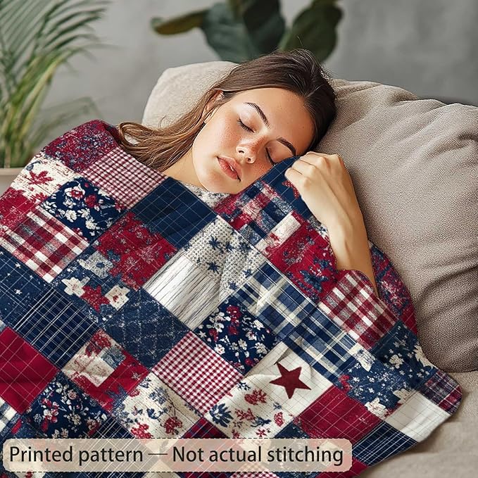 Printed Patchwork Country Blanket Throw for Women and Men, Farmhouse Vintage Blanket Gift, Lightweight Fleece Americana Rustic Home Decor, 40"×50"