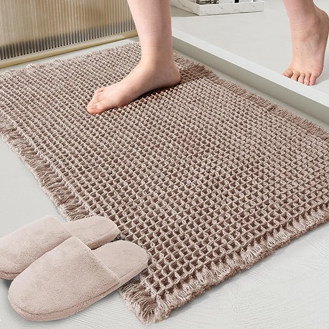 ZALL Tan Waffle Bath Mat,Super Absorbent Non Slip Bathroom Rug,Brown 24x36inch,Machine Washable Ultra Soft Floor Mats
