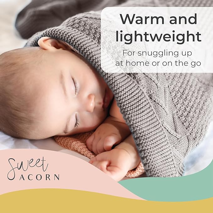 Knit Baby Blanket in Cable Pattern, Organic Cotton Blankets for Crib or Stroller, Receiving Blankets - Fog Grey