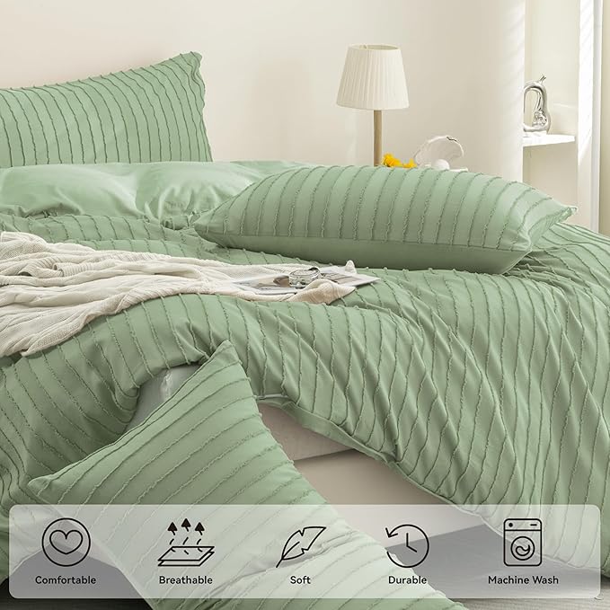 JELLYMONI Duvet Cover Full Size Light Green - 3PCS Boho Striped Duvet Cover Set Polyester Tufted Bohemian Textured Comforter Cover 80×90in with Corner Ties & Zipper and 2 Pillowcases