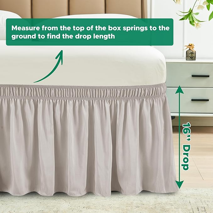 Biscaynebay Wrap Around Bed Skirts for King & Cal King Beds 16" Drop, Camel Grey Adjustable Elastic Dust Ruffles Easy Fit Wrinkle Resistant Silky Luxurious Fabric Machine Washable