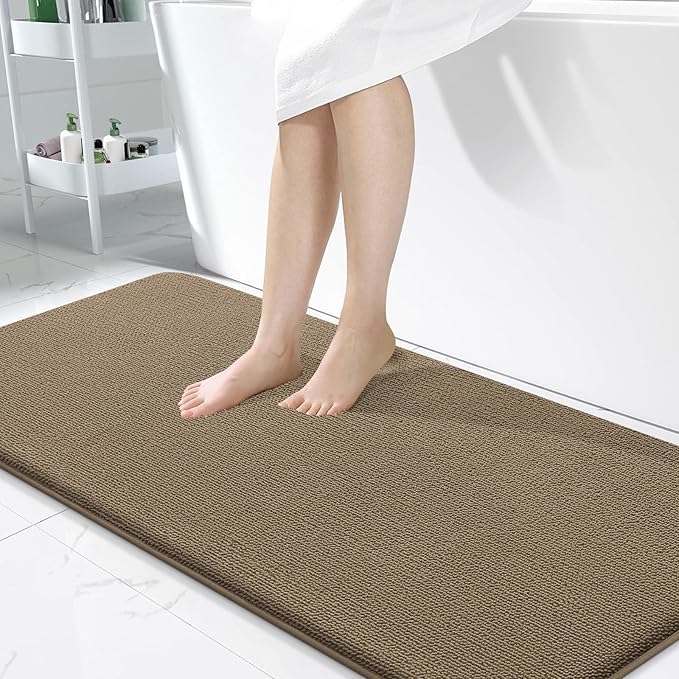 OLANLY Thick Memory Foam Bath Mat Rug 47x24, Extra Soft Absorbent Bathroom Rug, Quick Dry Bath Mats, Non-Slip, Machine Washable Carpet for Bathroom, Tub and Shower, Home Decor Accessories, Tan