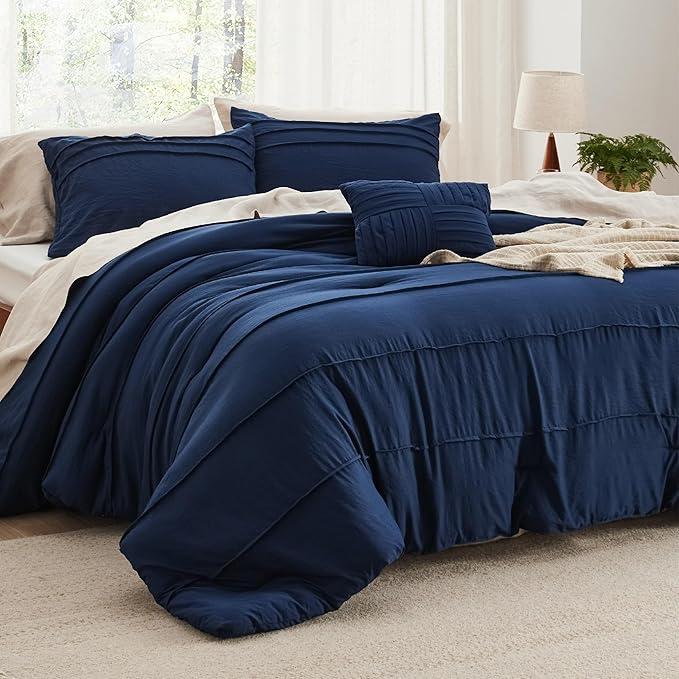 Bedsure Twin Comforter Set - 3 Pieces Pinch Pleat Bed Set, Navy Blue Boho Bedding for All Season, 1 Soft Comforter, 1 Pillowcase, 1 Decorative Pillow