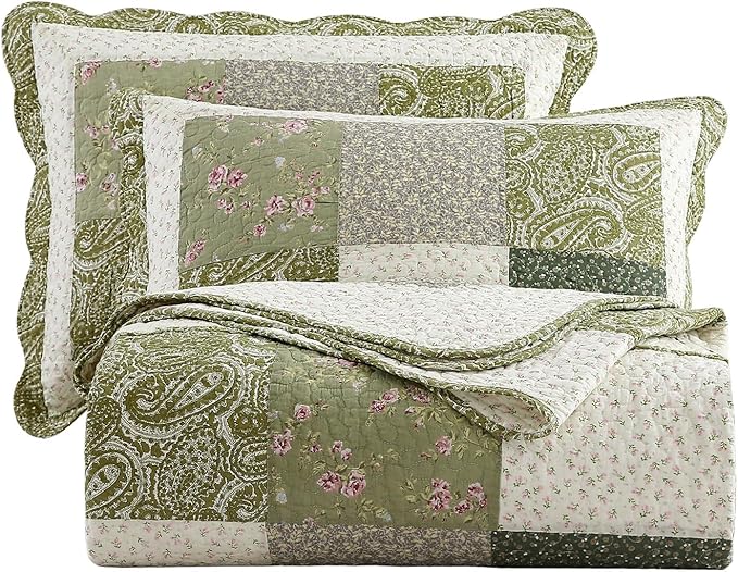 vctops Farmhouse Green 3 Piece Patchwork Quilted Set Floral Embroidery Cotton Bedding Set Lightweight Reversible Bedspread Coverlet 1 Quilt + 2 Pillow Shams (Green Floral,91"x98")