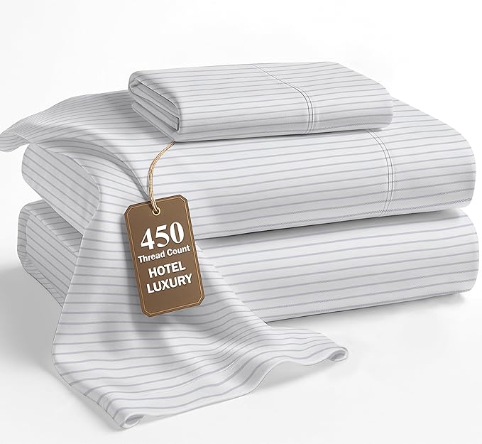 LANE LINEN Twin XL Bed Sheets – 450 Thread Count 100% Cotton, Soft Sateen Weave, Cooling & Fade-Resistant, 15” Deep Pocket, Extra Long Twin Sheets for Hospital Bed, Ticking Stripe