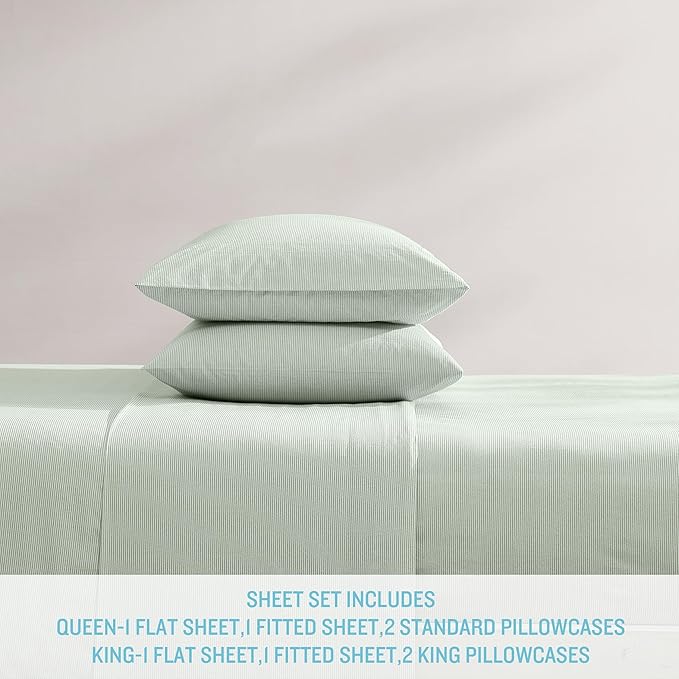 Tommy Bahama - King Sheets, Washed Percale Cotton Bedding Set, Soft & Breathable Bedroom Decor with Deep Pockets (Island Cays Stripe Green, King)