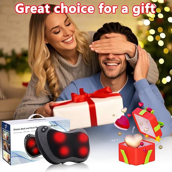 Shiatsu Neck and Back Massager with Heat - Deep Tissue Massage Pillow for Neck, Back & Shoulders Pain Relief, Ergonomic Design Electric Massager for Home, Car, Office Use, Gray