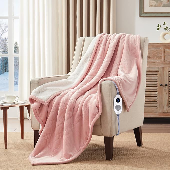 Westinghouse Heated Blanket Throw, Soft Flannel to Sherpa Electric Blanket with 10 Heating Levels, 12 Hours Auto Off, Fast Heating, Machine Washable, 50x60 Inch, Pink