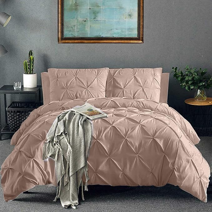 Pinch Pleated Duvet Cover Set 100% Cotton 3PC Super King Plus Size 120x120 Duvet Cover Set, Decorative Pinch Design Taupe Duvet Cover with Matching Pillow Case