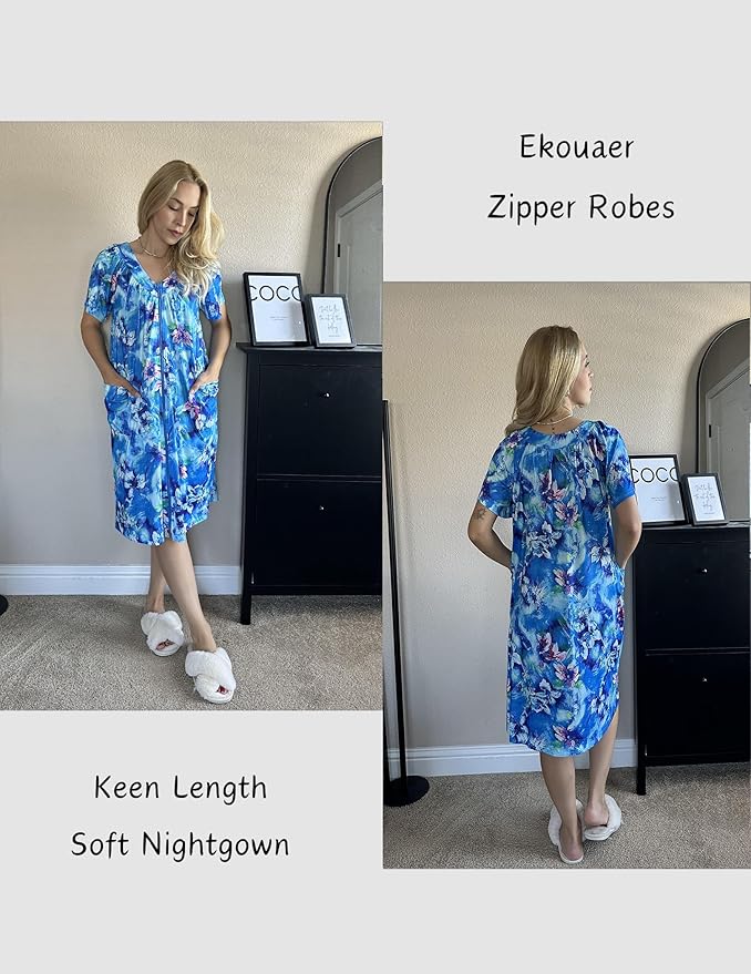 Ekouaer Women Robe Zipper Front Mumu Duster Robes Zip Up Housecoat Soft Sleepwear with Pockets S-3XL