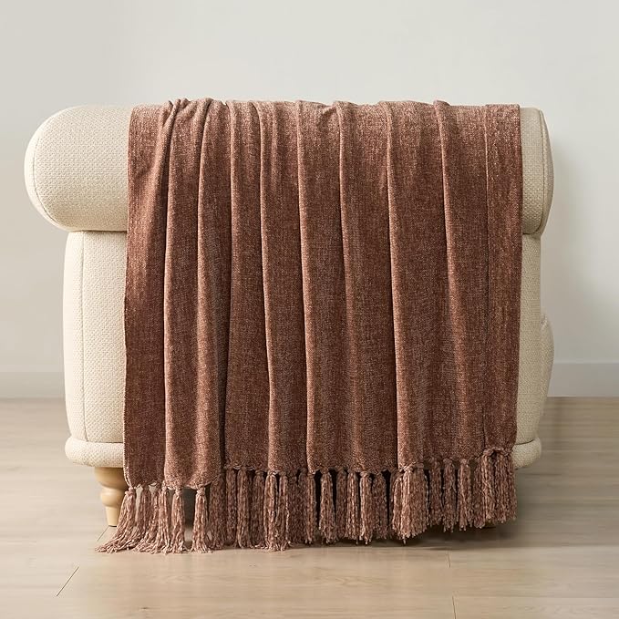 EVERGRACE Soft Chenille Throw Blanket for Couch, Cozy Plush Fuzzy Decorative Chenille Knit Throw Blanket with Tassels, Lightweight Blanket and Throws for Bed Sofa Gift Home Decor, Clay 50"x60"