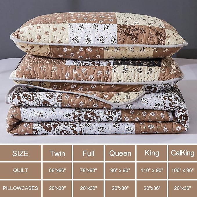 Mybedsoul Brown Quilt Set Full Size, 3 Pieces Plaid Floral Bedspread Set Patchwork Reversible Bedding Set Microfiber Lightweight Bedspread Coverlet Set for All Season 78"x90"
